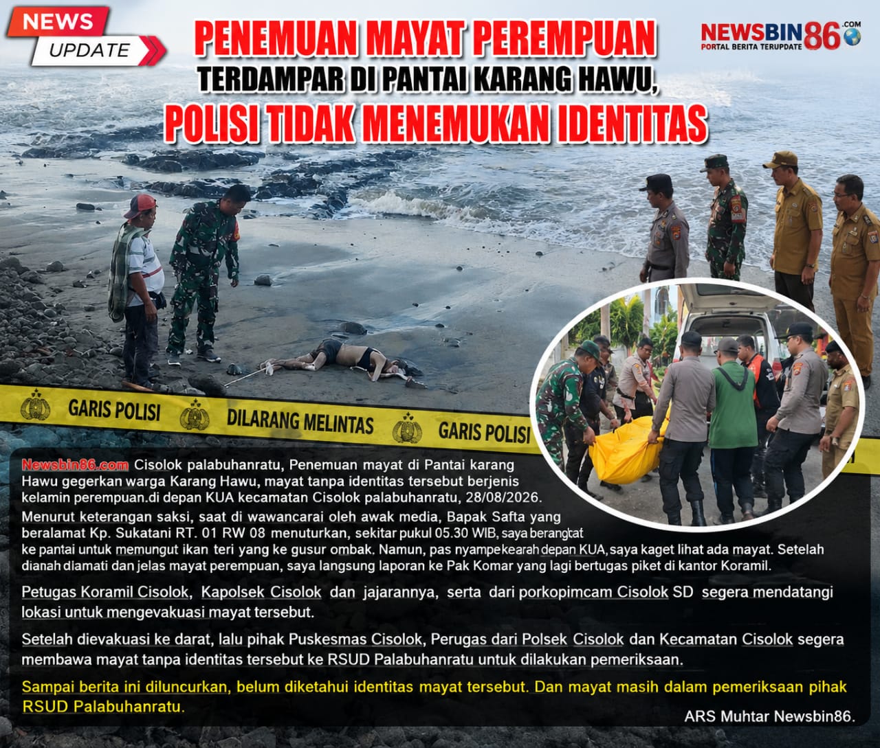 Mayat Perempuan Ditemukan Terdampar Di Pantai Karang Hawu, Polisi Tidak Menemukan Identitas