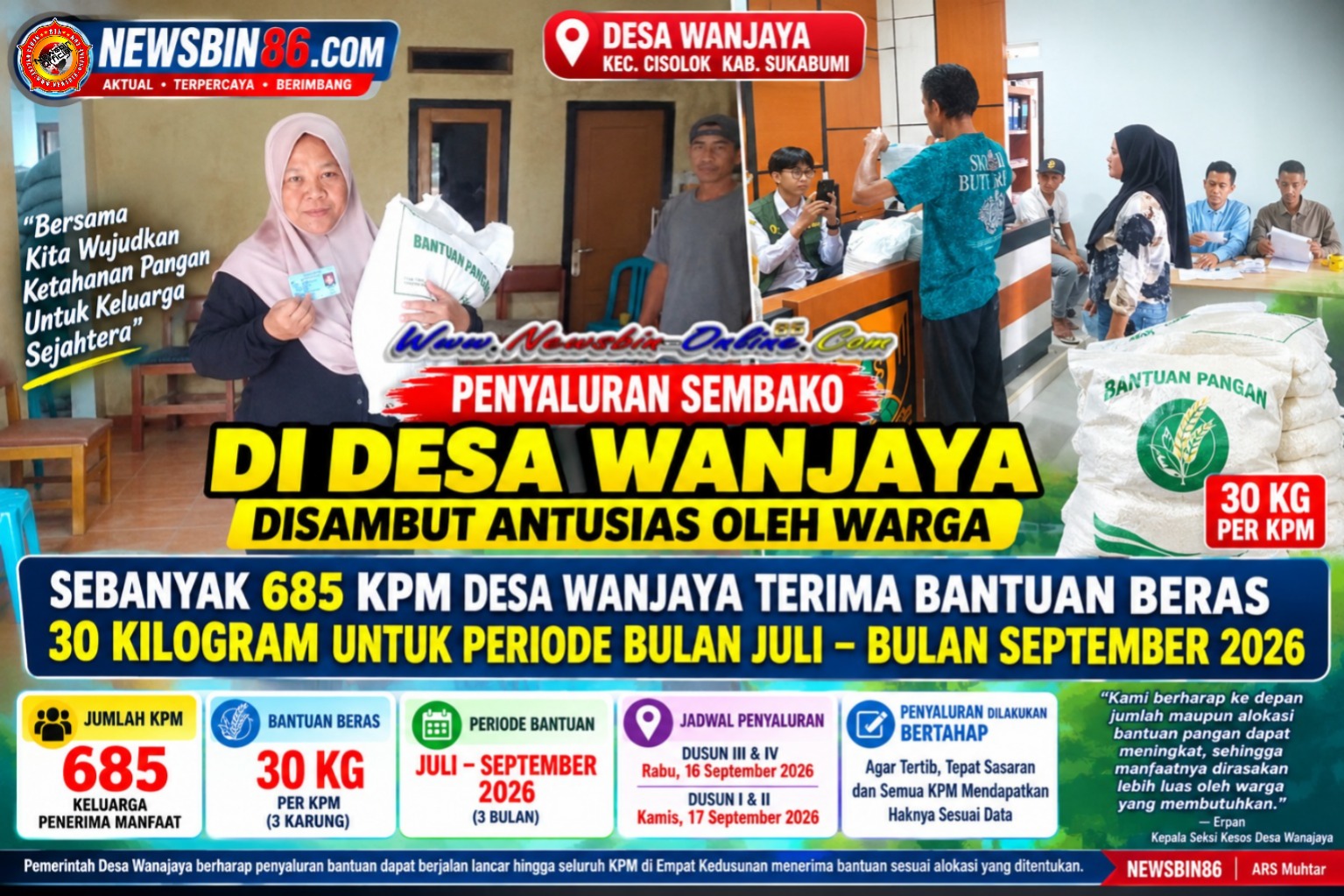 Pada Penyaluran Sembako Di Desa Wanajaya Di Sambut Antusias Oleh Warga, Sebanyak 685 KPM Desa Wanajaya Terima Bantuan Beras 30 Kilogram Untuk Periode Juli – September 2026