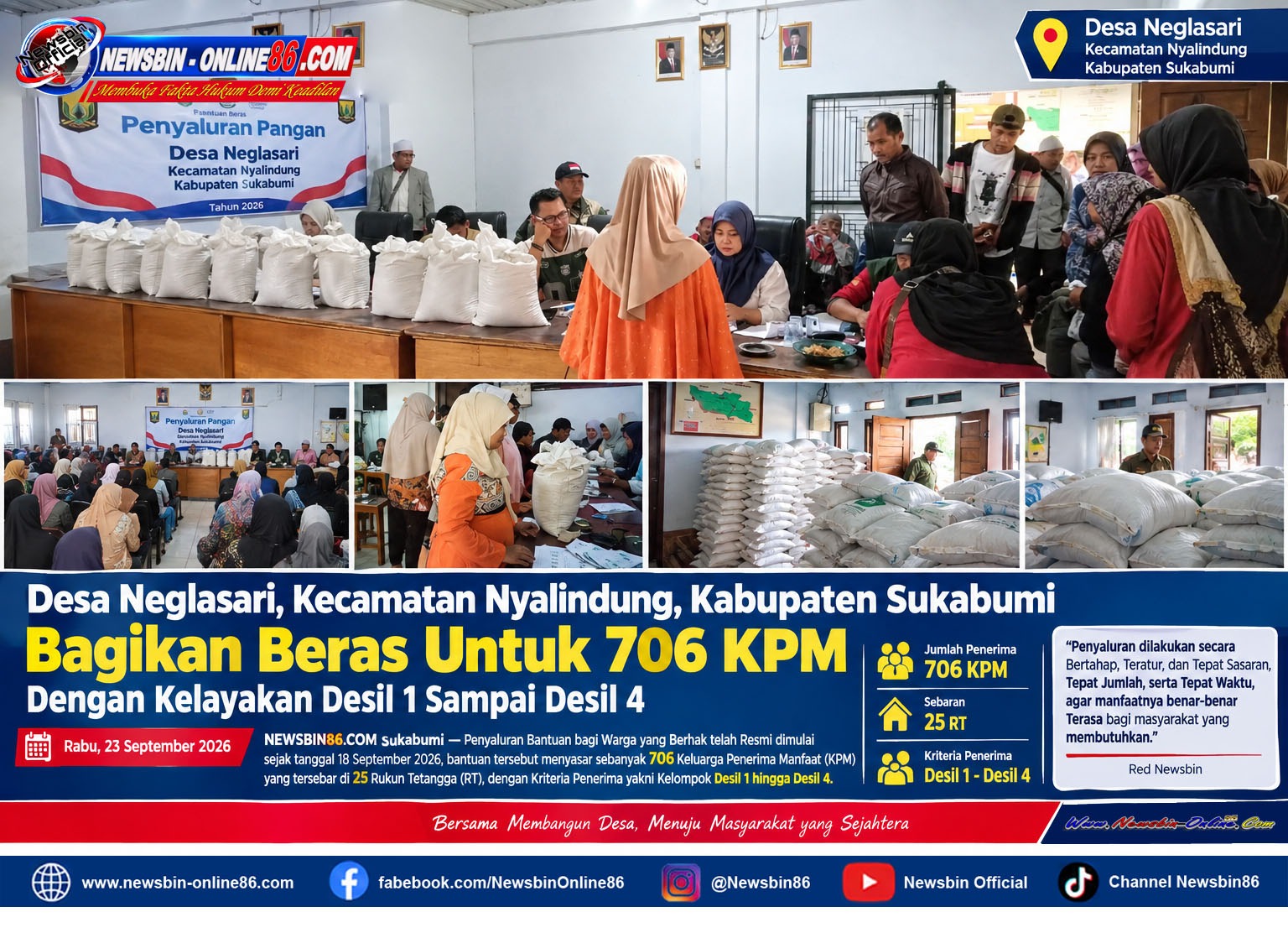 Desa Neglasari, Kecamatan Nyalindung, Kabupaten Sukabumi Bagikan Beras Untuk 706 KPM, Dengan Kelayakan Desil 1 Sampai Desil 4