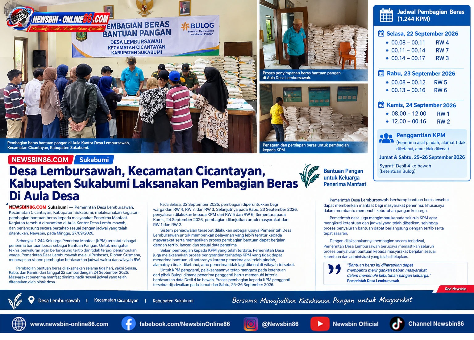 Desa Lembursawah, Kecamatan Cicantayan, Kabupaten Sukabumi Laksanakan Pembagian Beras Di Aula Desa