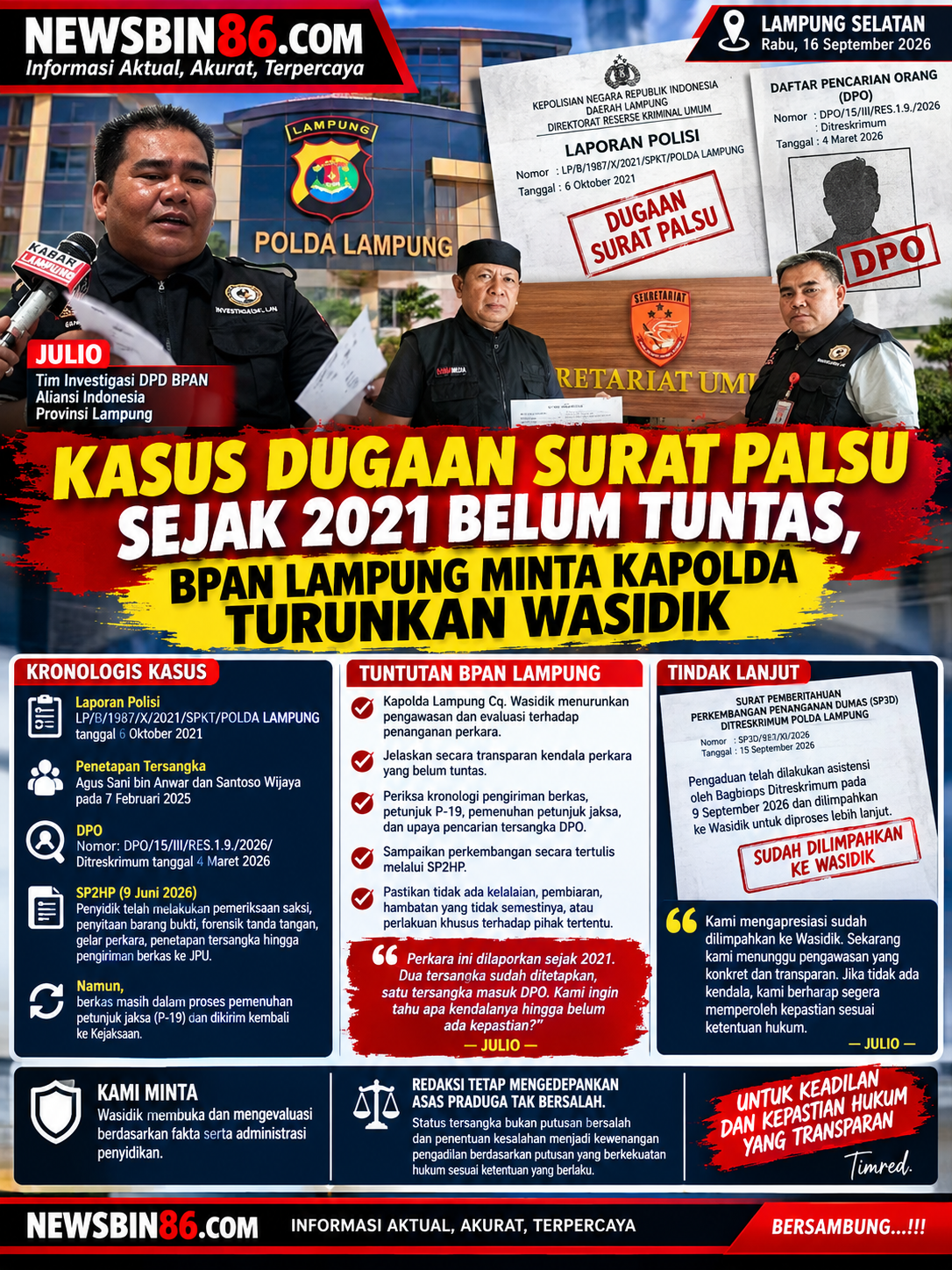 Kasus Dugaan Surat Palsu Sejak 2021 Belum Tuntas, BPAN Lampung Minta Kapolda Turunkan Wasidik