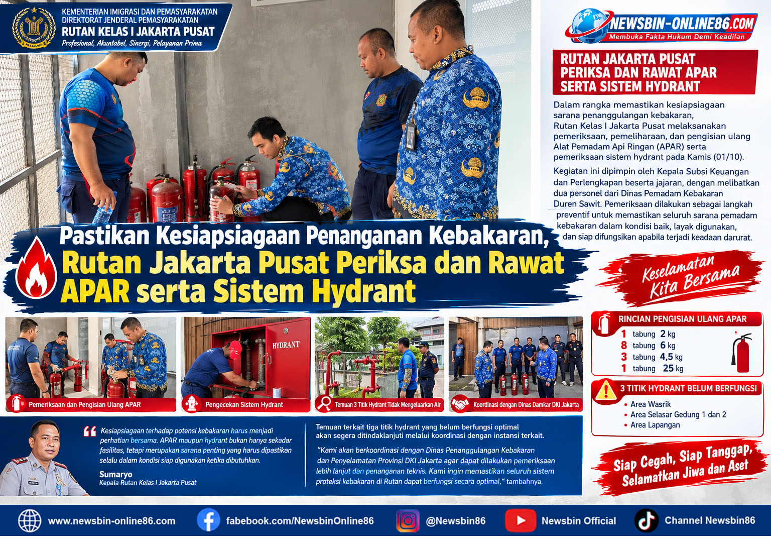 Pastikan Kesiapsiagaan Penanganan Kebakaran, Rutan Jakarta Pusat Periksa, Dan Rawat APAR Serta Sistem Hydrant