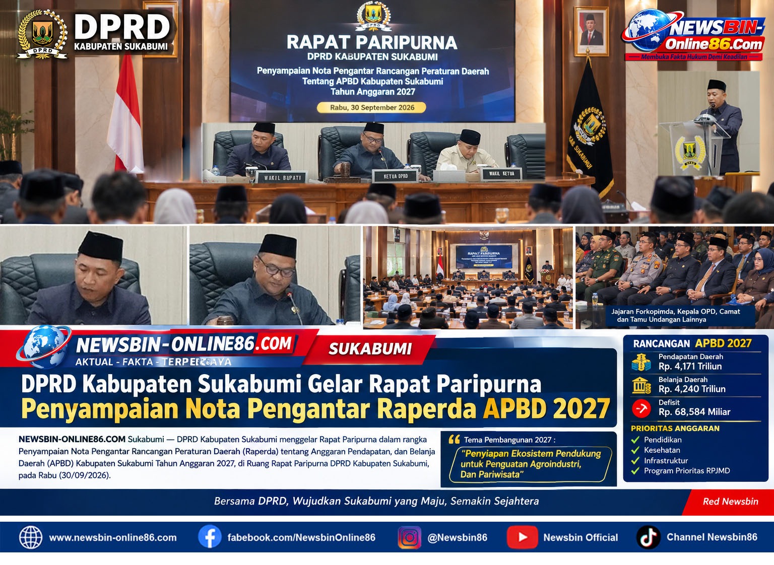 DPRD Kabupaten Sukabumi Gelar Rapat Paripurna Penyampaian Nota Pengantar Raperda APBD 2027