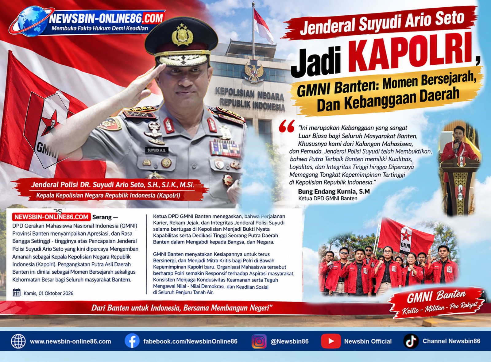 Jenderal Suyudi Ario Seto Jadi Kapolri, GMNI Banten: Momen Bersejarah, Dan Kebanggaan Daerah