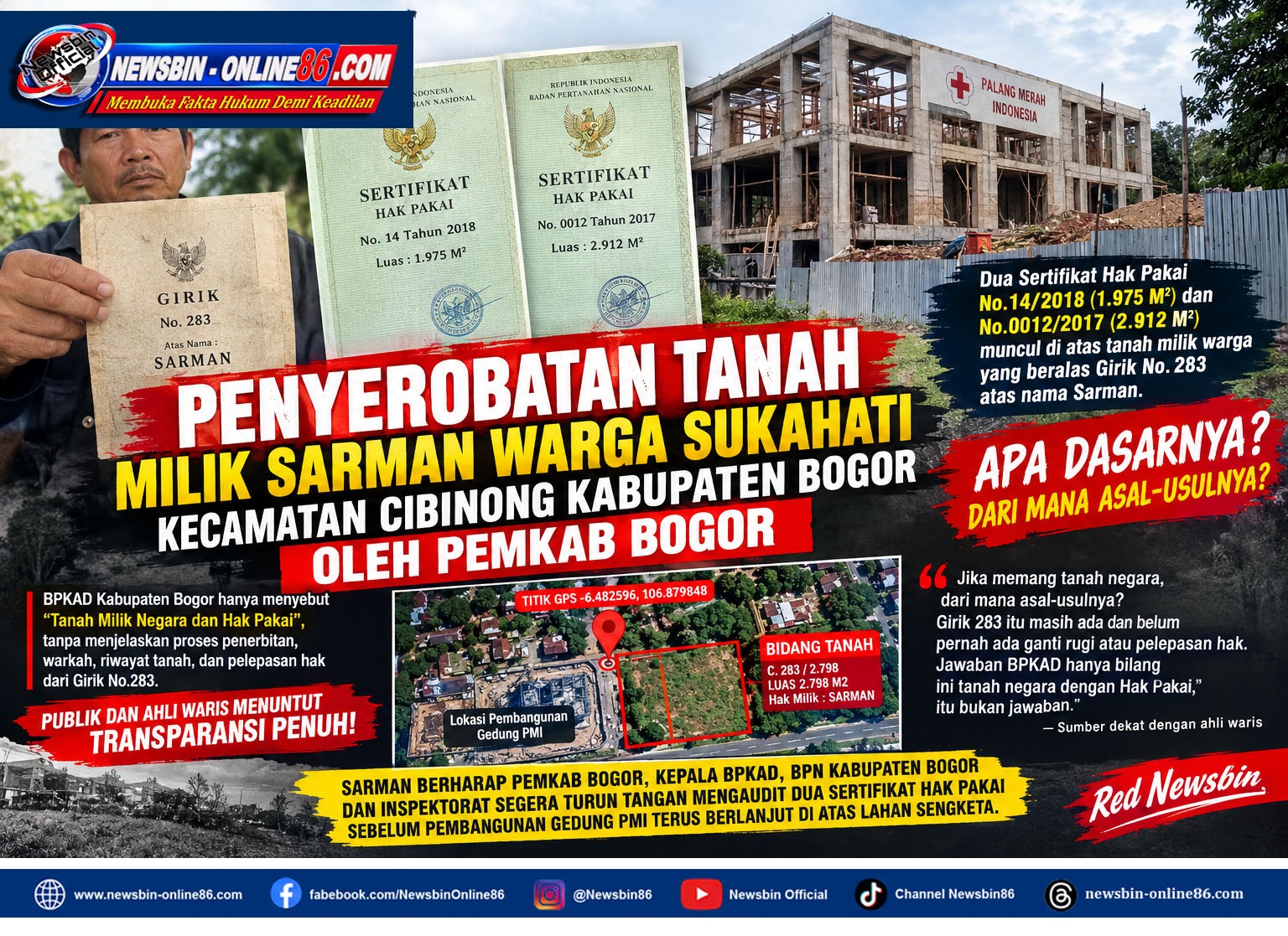 Diduga Penyerobatan Tanah Milik Sarman Warga Sukahati, Kecamatan Cibinong, Kabupaten Bogor Oleh Pemkab Bogor