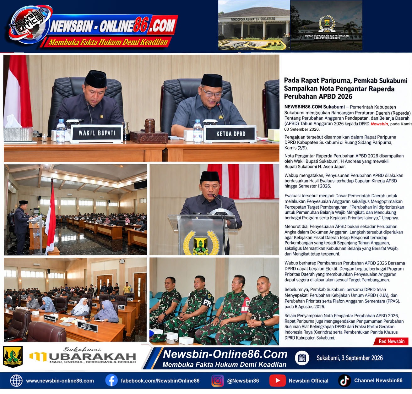Pada Rapat Paripurna, Pemkab Sukabumi Sampaikan Nota Pngantar Raperda Perubahan APBD 2026
